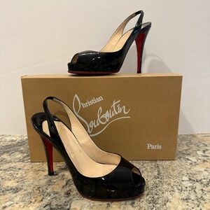 CHRISTIAN LOUBOUTIN SLINGBACK PEEP TOE PLATFORM HEELS IN BLACK PATENT LEATHER